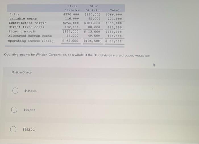  Sales Variable costs Contribution margin Direct fixed costs Segment margin Allocated