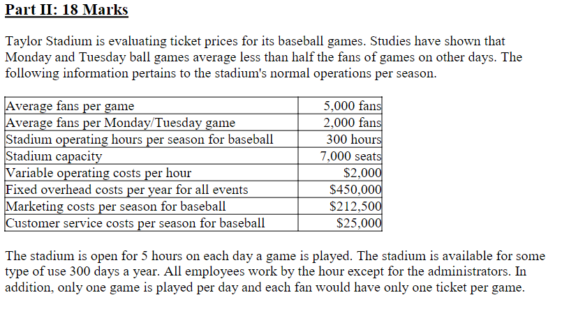 Part II: 18 Marks Taylor Stadium is evaluating ticket prices for