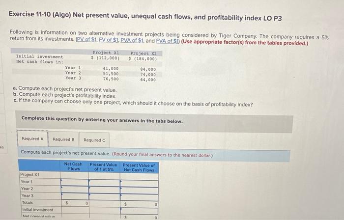  Exercise 11-10 (Algo) Net present value, unequal cash flows, and profitability
