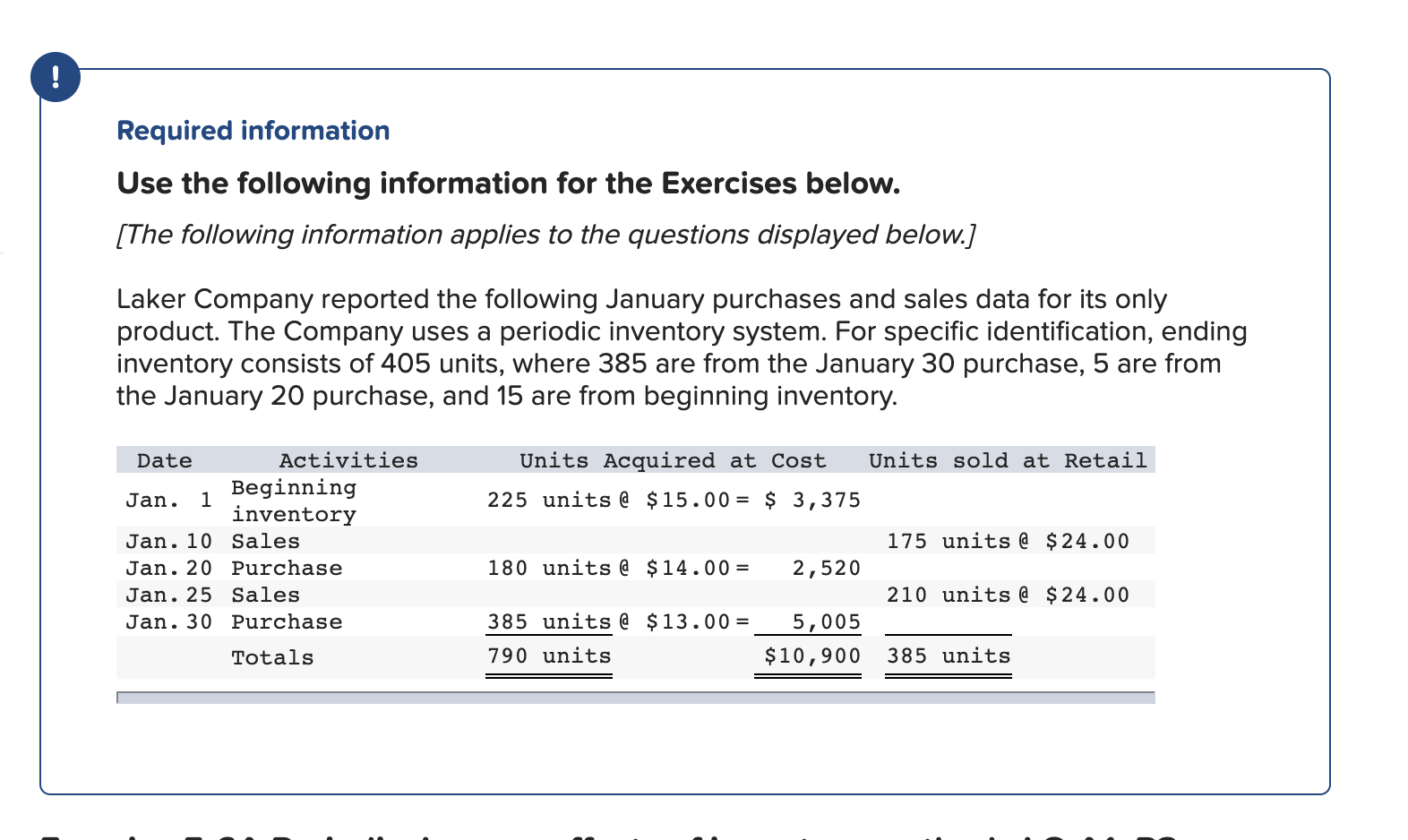  ! Required information Use the following information for the Exercises below.