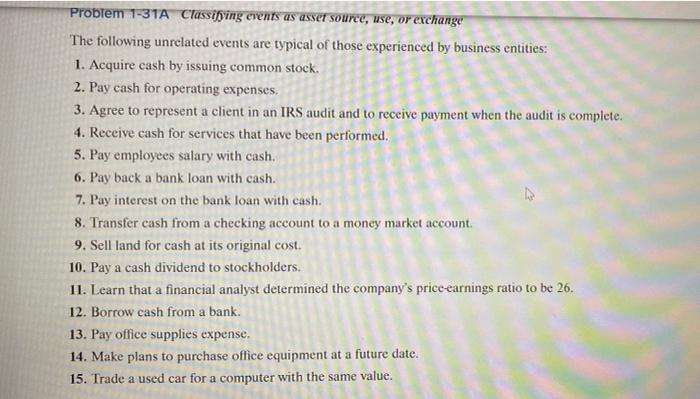 please answer me asap.. Problem 1-31A Classifying events as asser source, use,