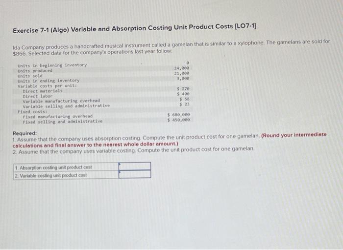  Exercise 7-1 (Algo) Variable and Absorption Costing Unit Product Costs [LO7-1]