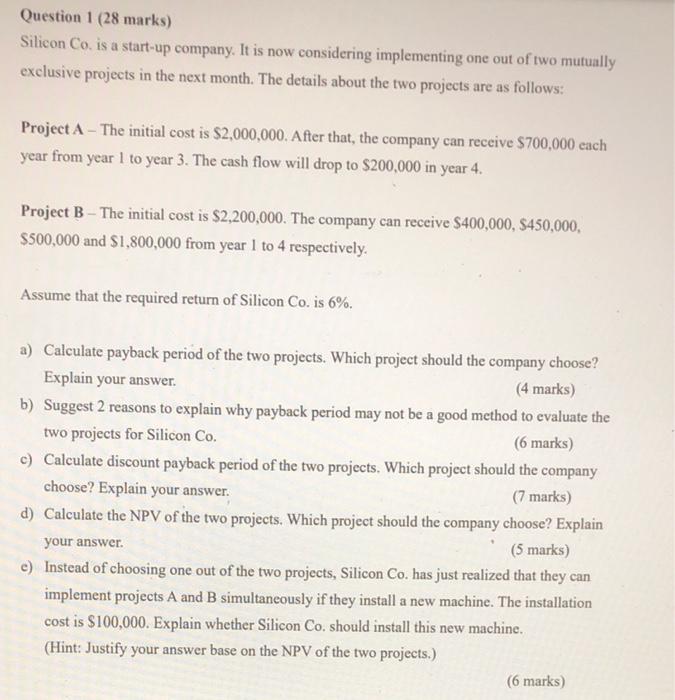 handwritten answer required. Question 1 (28 marks) Silicon Co. is a start-up