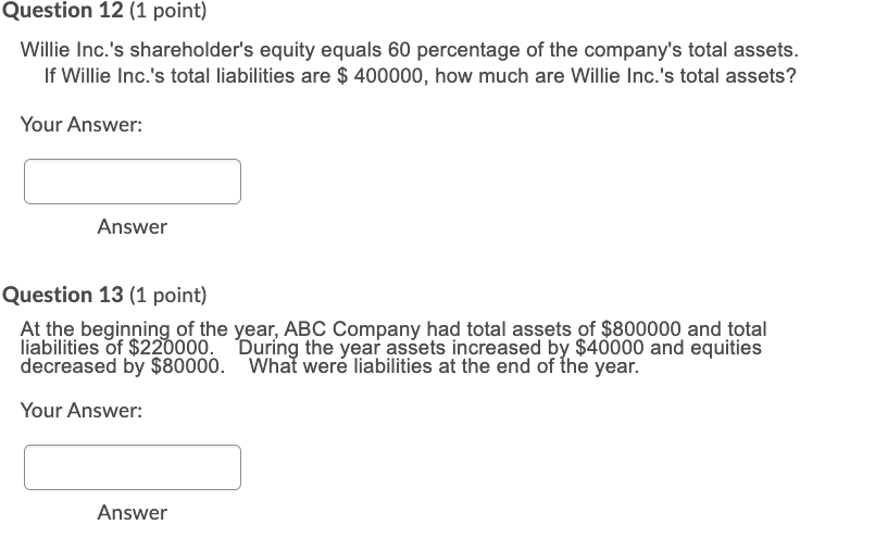 Question 12 (1 point) Willie Inc.'s shareholder's equity equals 60 percentage