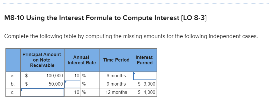  M8-10 Using the Interest Formula to Compute Interest (LO 8-3] Complete
