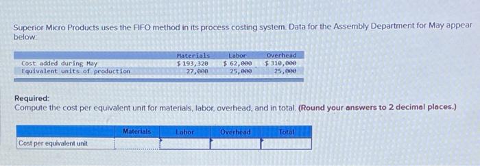  Superior Micro Products uses the FIFO method in its process costing
