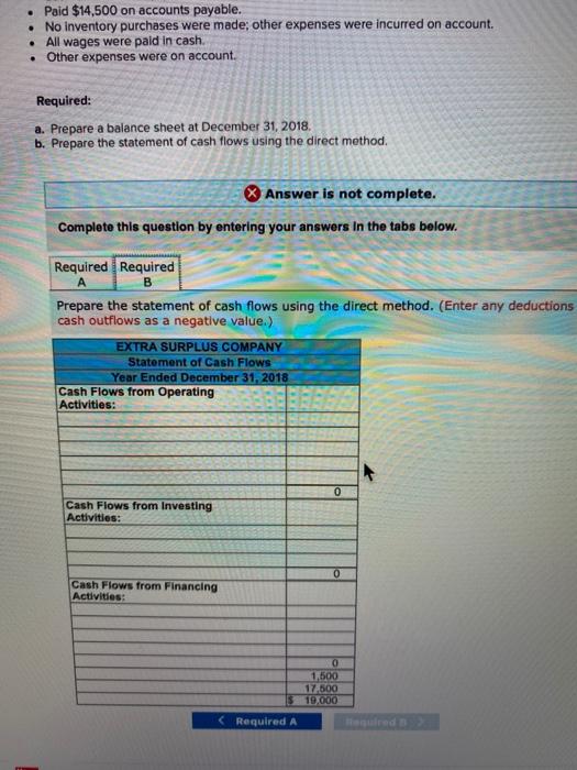 for 2018 are shown below. Extra Surplus Company Balance Sheet December 31,