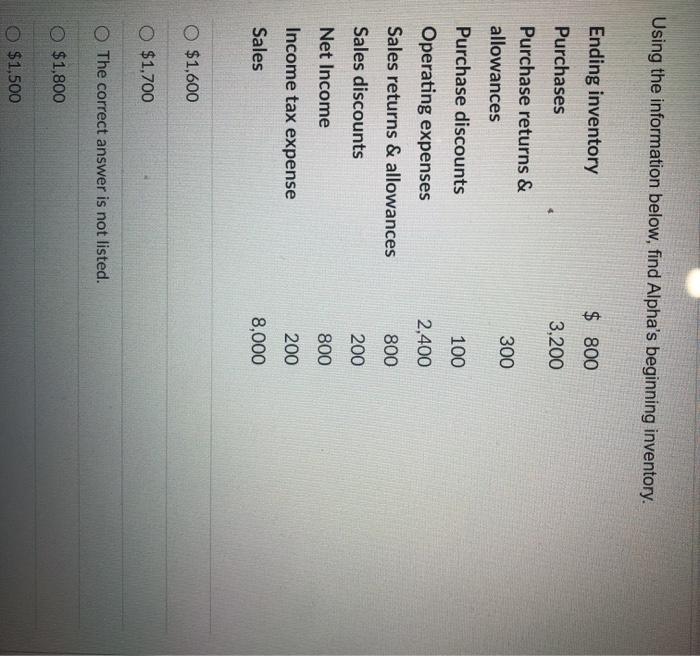  Using the information below, find Alpha's beginning inventory. Ending inventory $