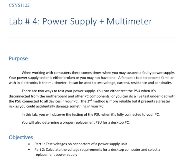  CS'I'SI 12.1 Lab # 4: Power Supply + Multimeter Purpose: lIII'III'hen