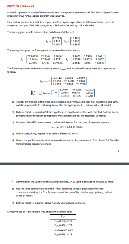 Please use SAS to solve if possible. Thanks! QUESTION 1. (20 marks]