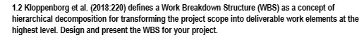 1.2 Kloppenborg et al. (2018:220) defines a Work Breakdown Structure (WBS)