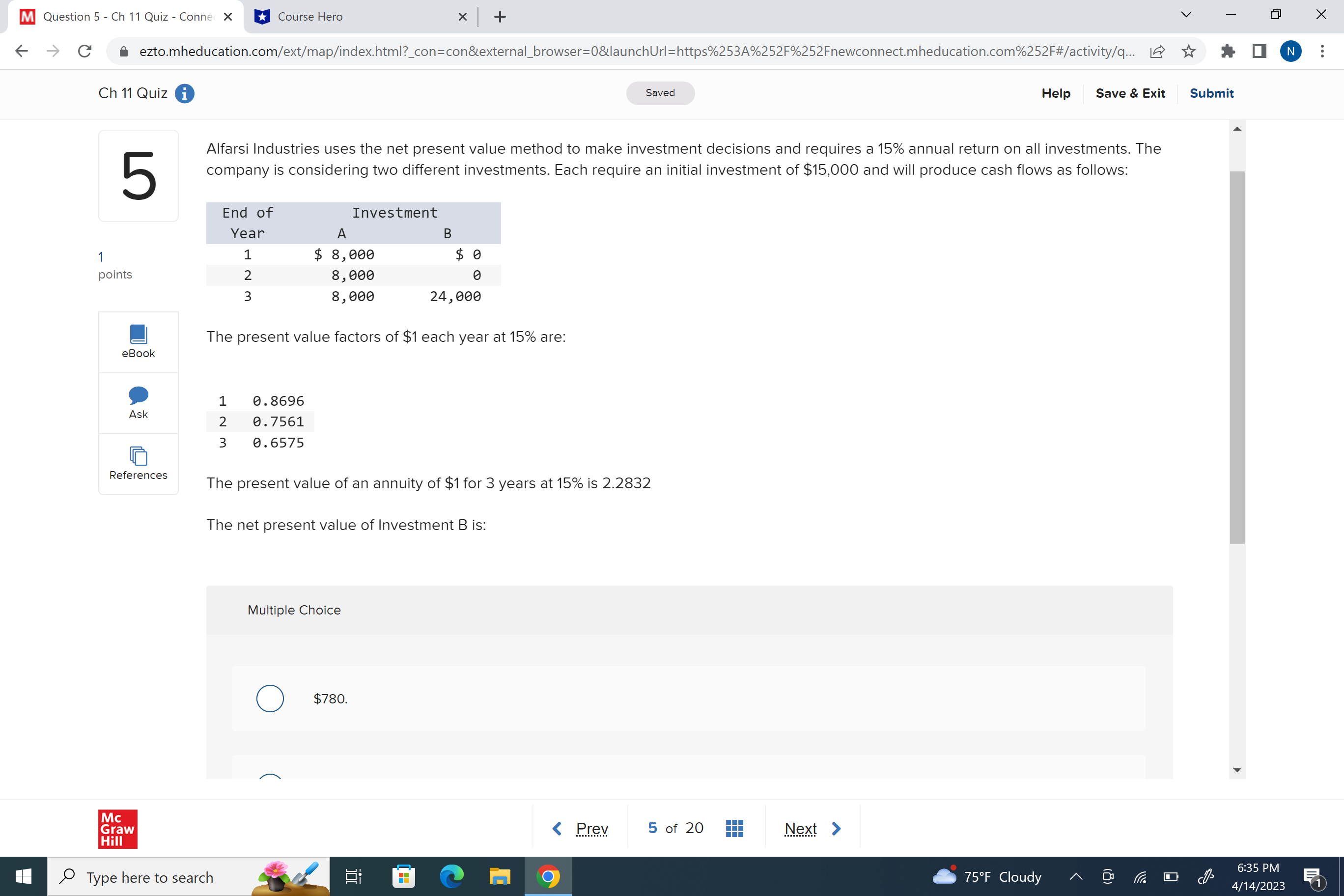 m Question 5 , Ch 11 Quiz , Conn >( u