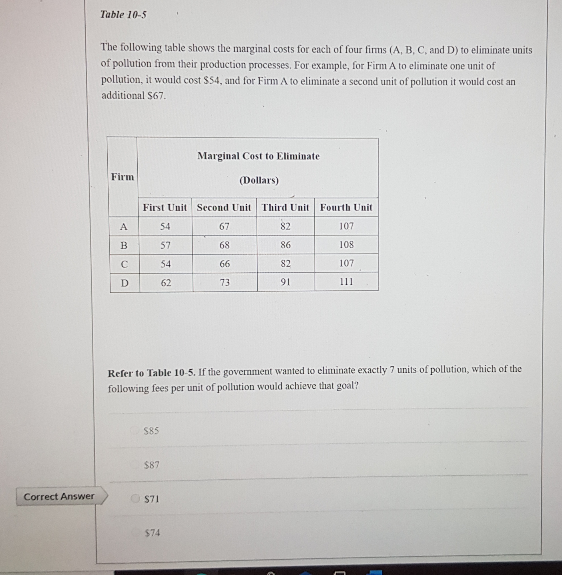 table shows the marginal costs for each of four firms (A, B,