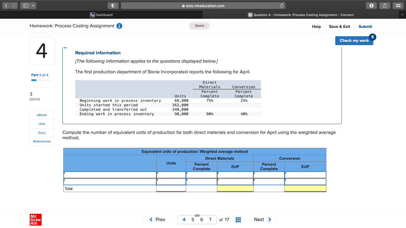  eztomhed ucation'com Homework: Process Costing Assignment 0 Saved Help Save at
