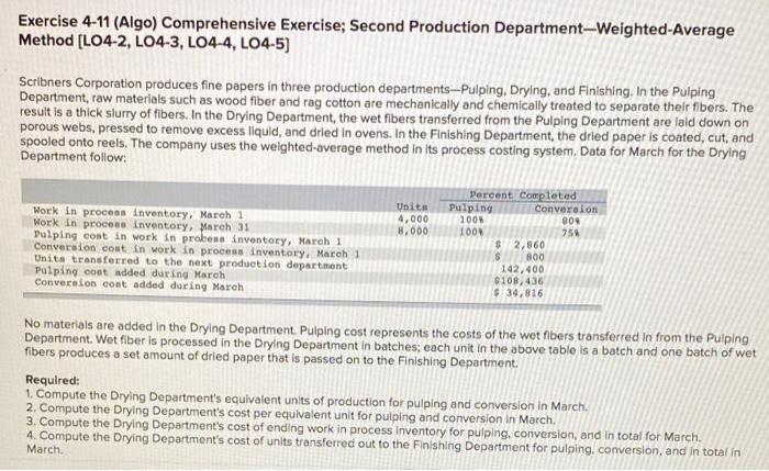  Exercise 4-11 (Algo) Comprehensive Exercise; Second Production Department-Weighted-Average Method [LO4-2, LO4-3,