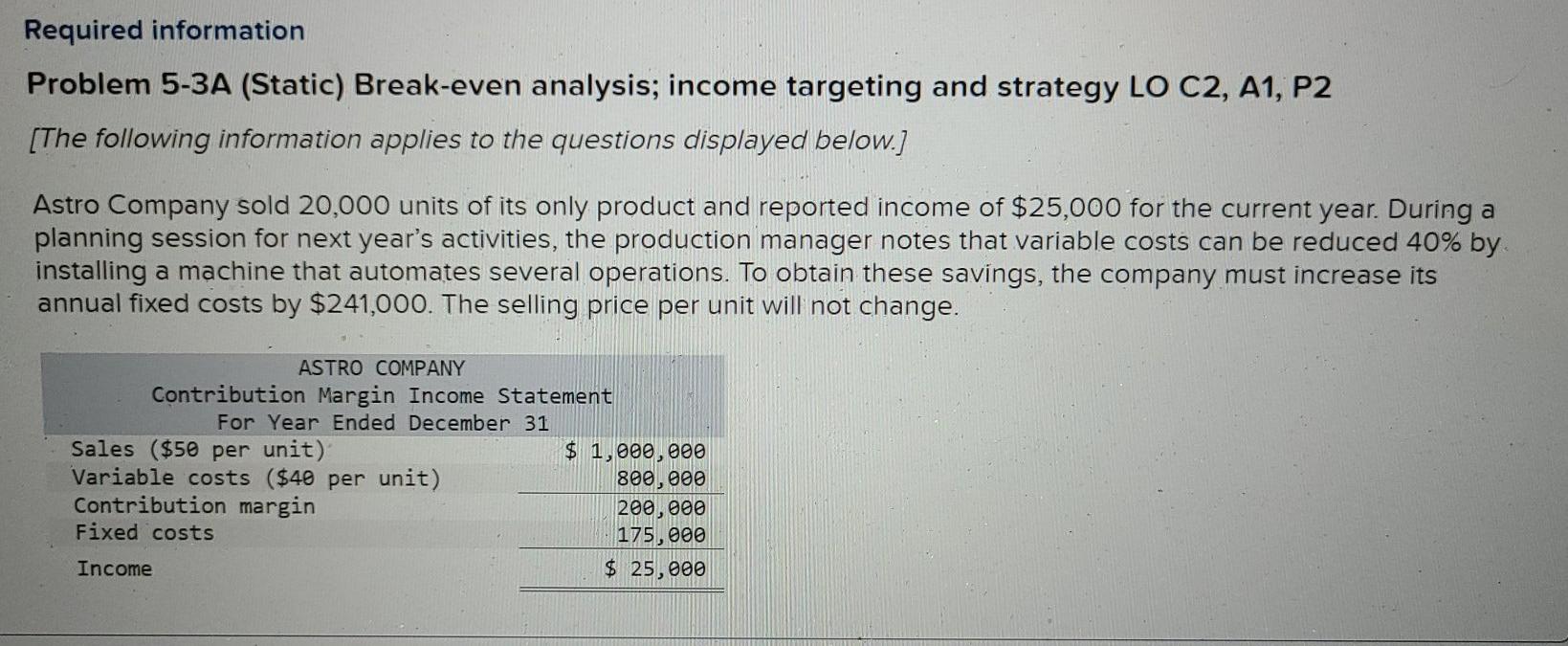 Required information Problem 5-3A (Static) Break-even analysis; income targeting and strategy
