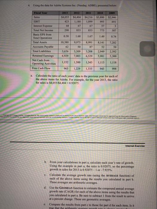  4. Using the data for Adobe Systems Inc. (Nasdaq: ADBE), presented