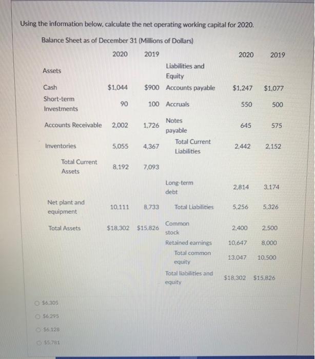  Using the information below, calculate the net operating working capital for