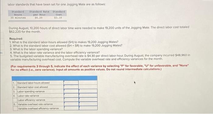  labor standards that have been set for one Jogging Mate are