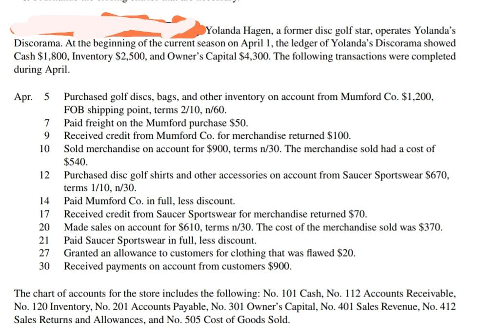 Please solve all the questions Instructions a. Journalize the April transactions using