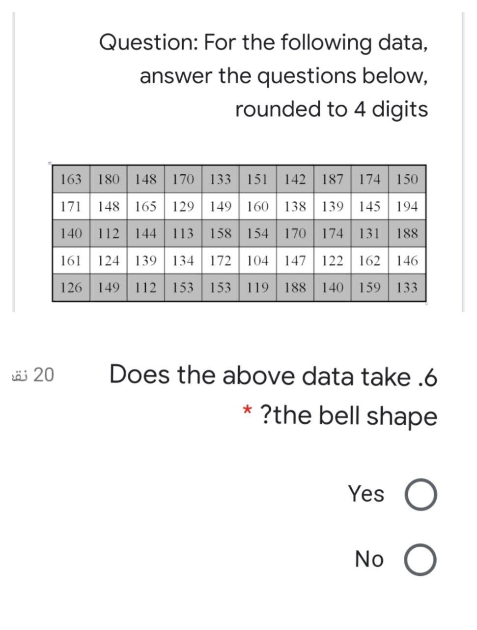 Question: For the following data, answer the questions below, rounded to