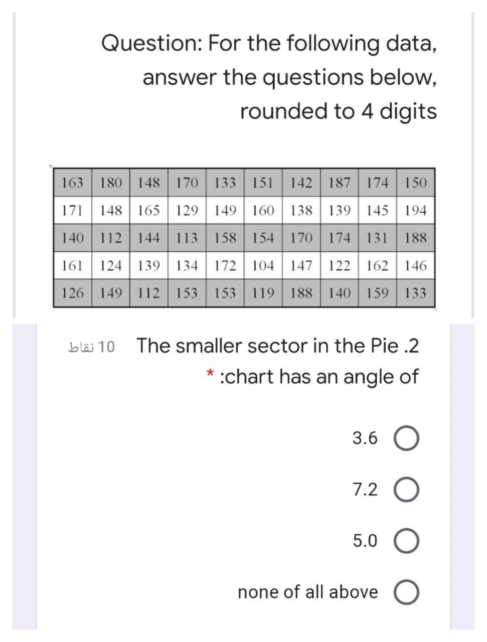 Question: For the following data, answer the questions below, rounded to