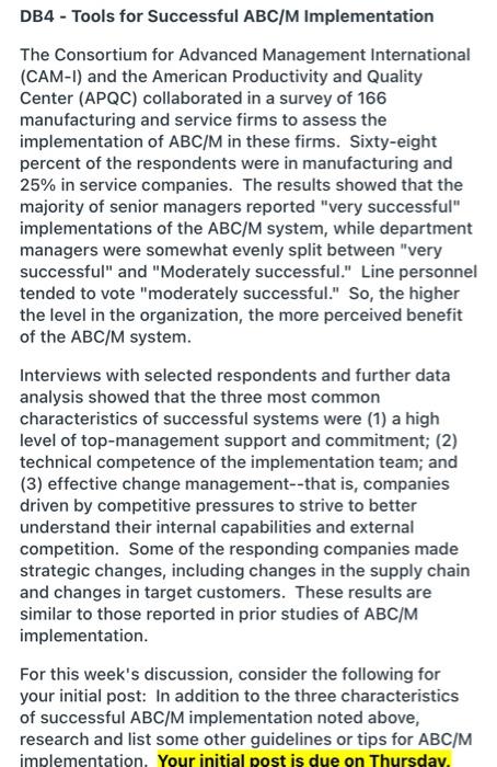  DB4 - Tools for Successful ABC/M Implementation The Consortium for Advanced