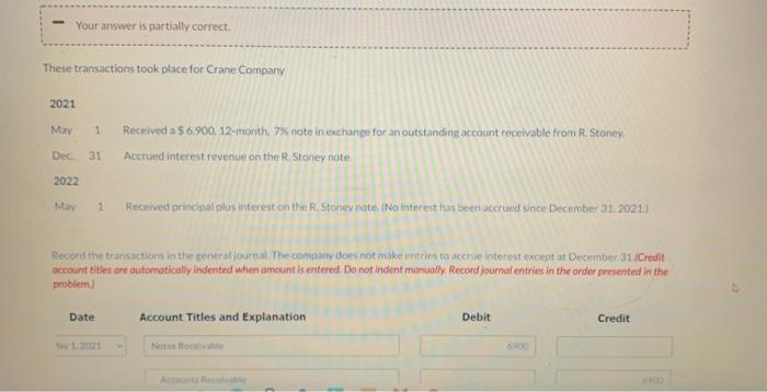  Your answer is partially correct. These transactions took place for Crane