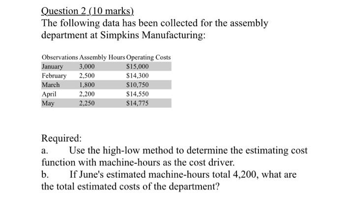  Question 2 (10 marks) The following data has been collected for