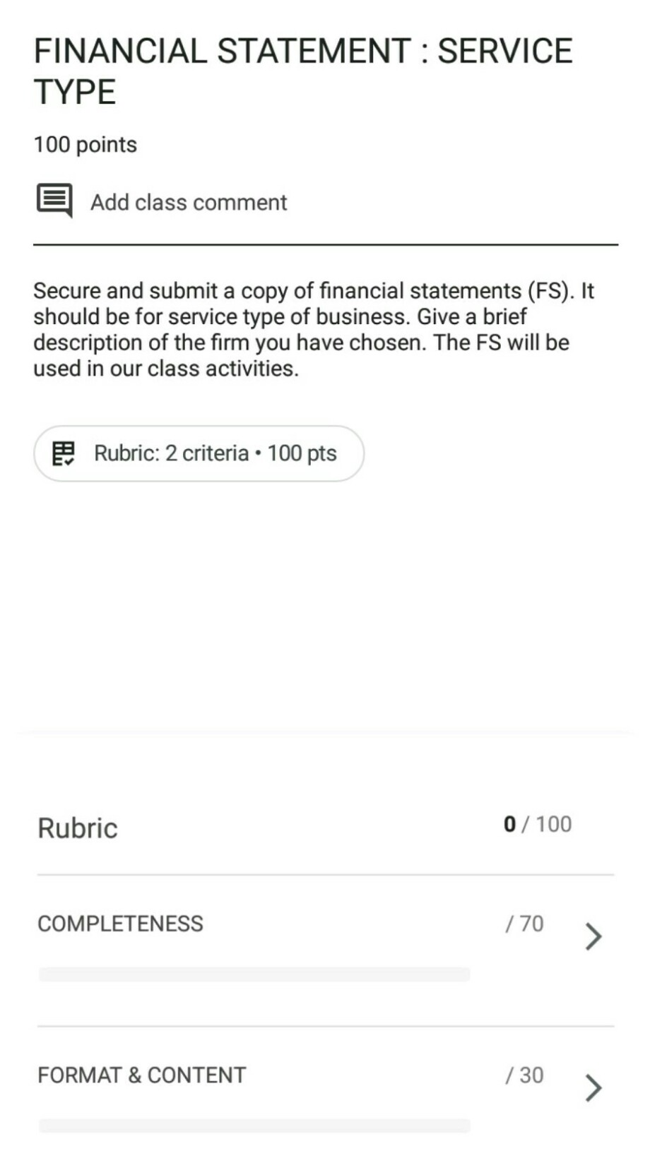 FINANCIAL STATEMENT : SERVICE TYPE 100 points Add class comment Secure