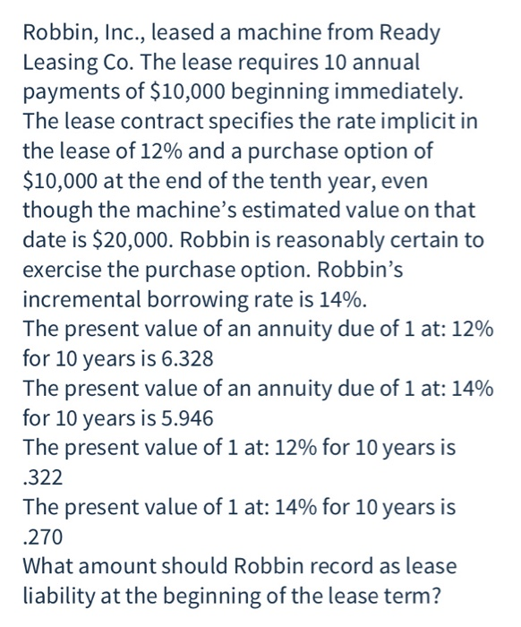  Robbin, Inc., leased a machine from Ready Leasing Co. The lease
