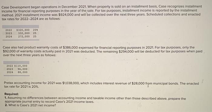  ill eate Case Development began operations in December 2021. When property