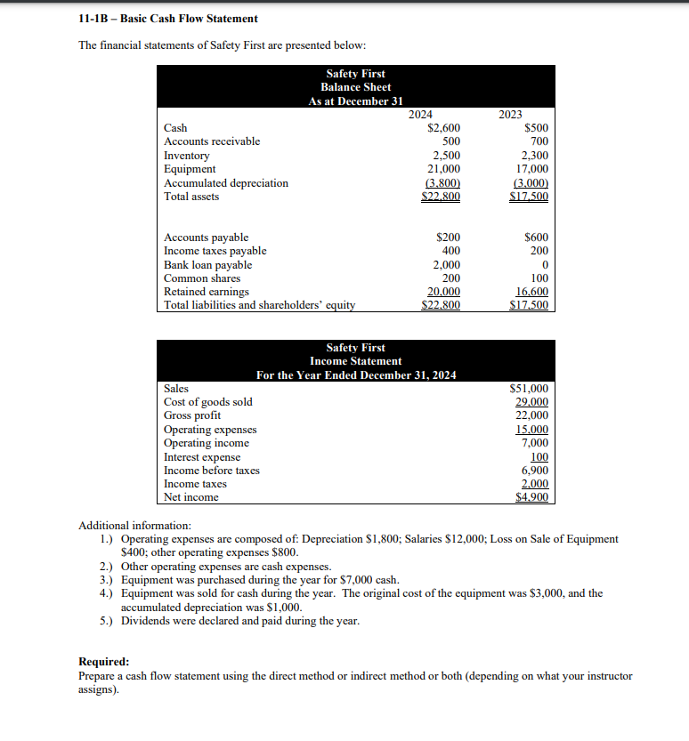 11-1B - Basic Cash Flow Statement The financial statements of Safety