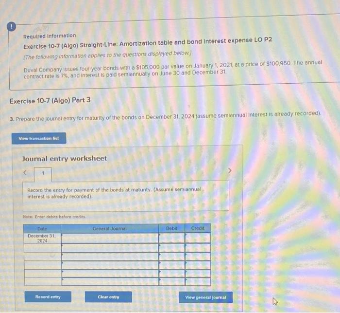 below) Duval Company issues four-year bonds with a $105,000 par value on