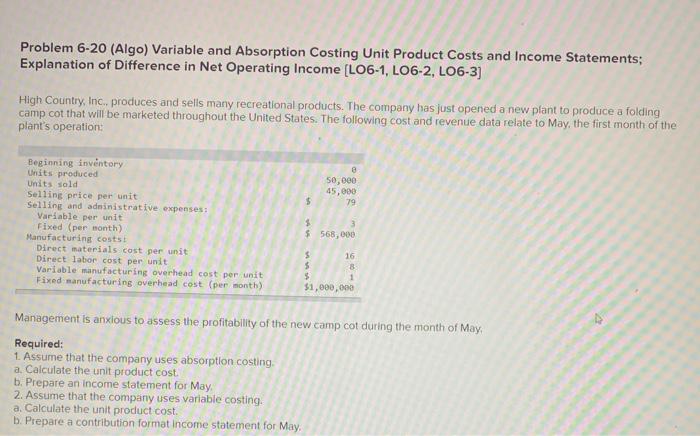  Problem 6-20 (Algo) Variable and Absorption Costing Unit Product Costs and
