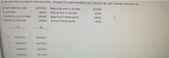  Given the following data for Bramble Corp.. compute (A) total manufacturing