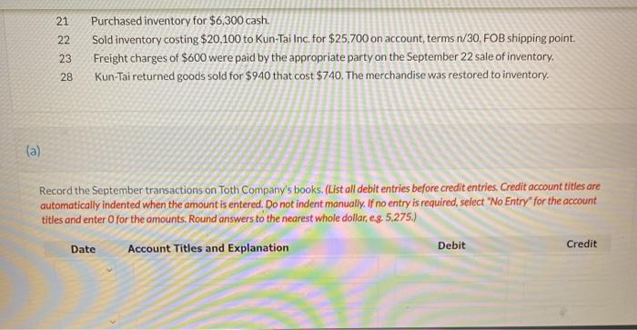 Toth Company during September of the current year. Toth Company uses a