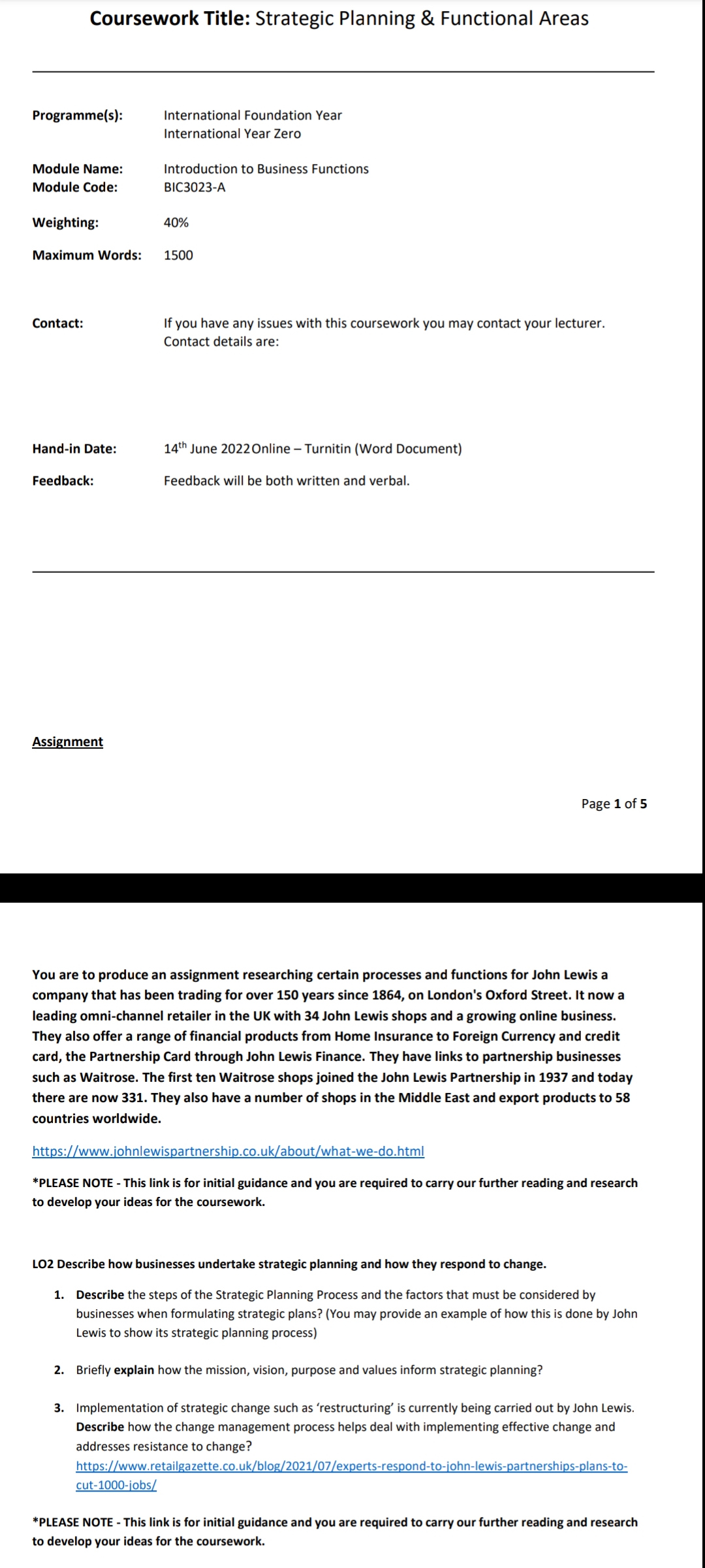 Coursework Title: Strategic Planning 8: Functional Areas Programmels): International Foundation Year