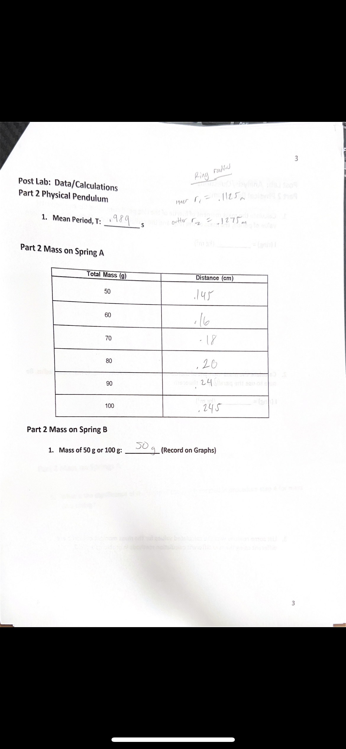  Post Lab: Data/Ca'CUIatiOns , , .,, Part 2 Physical Pandulum WU