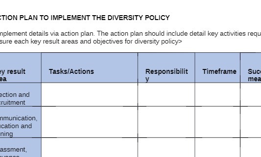 TION PLAN TO IMPLEMENT THE DIVERSITY POLICY mplement details via action
