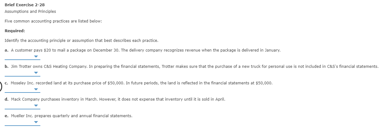  Brief Exercise 2-28 Assumptions and Principles Five common accounting practices are
