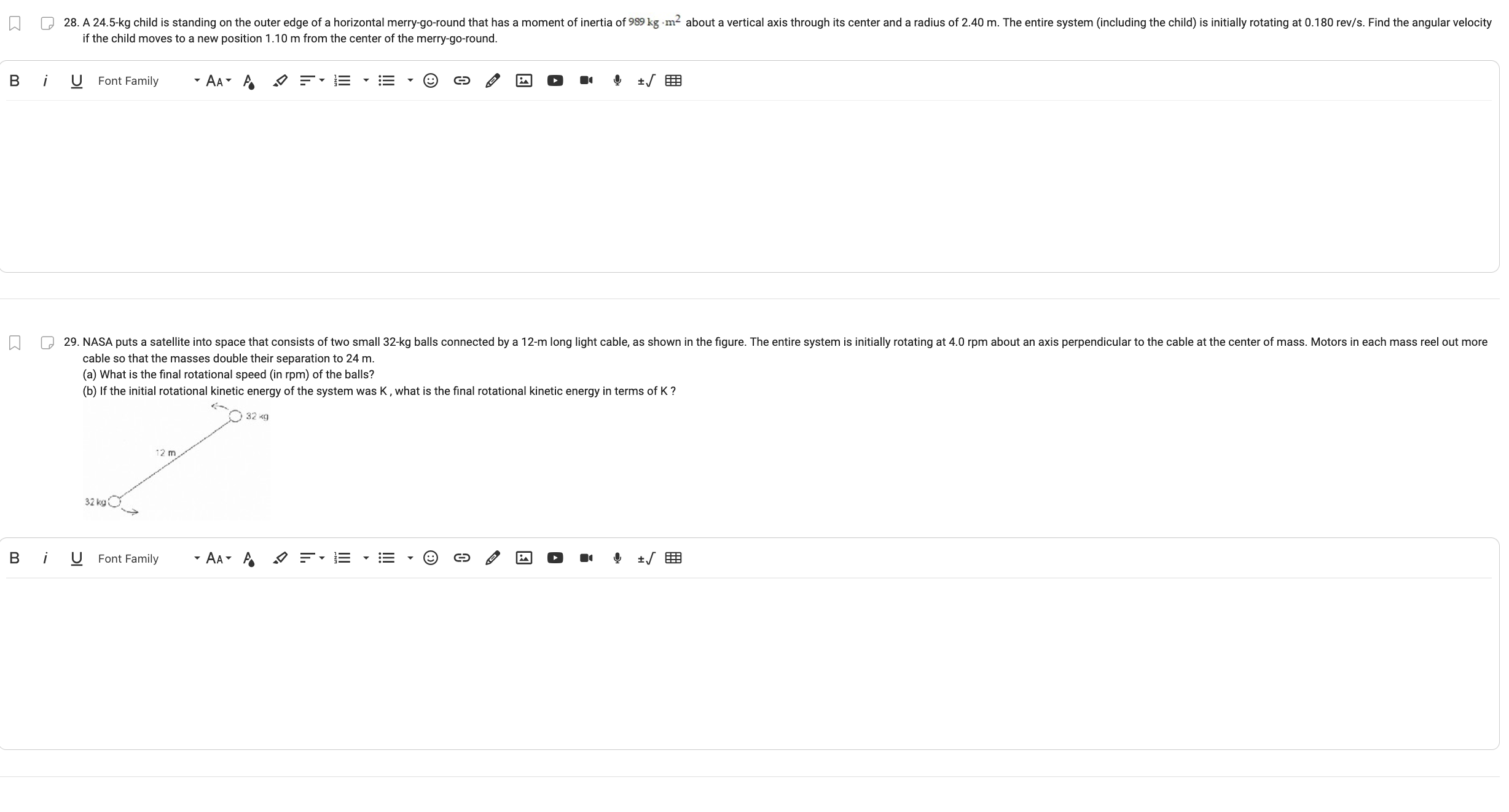 are shown. Calculate about (a) point C, the CM, and (b) point