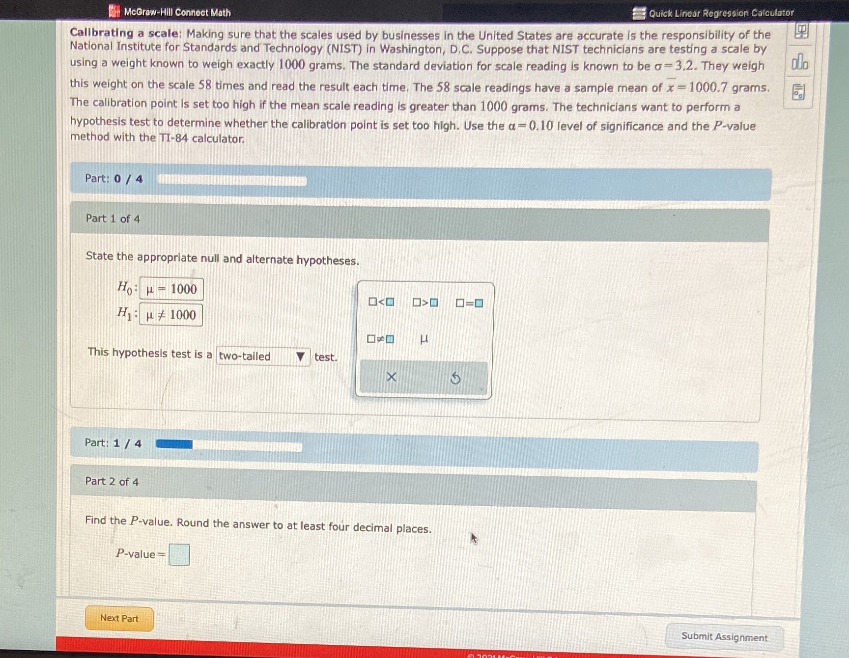 what is the p value Quick Linear Regression Calculator Kim McGraw-Hill Connect