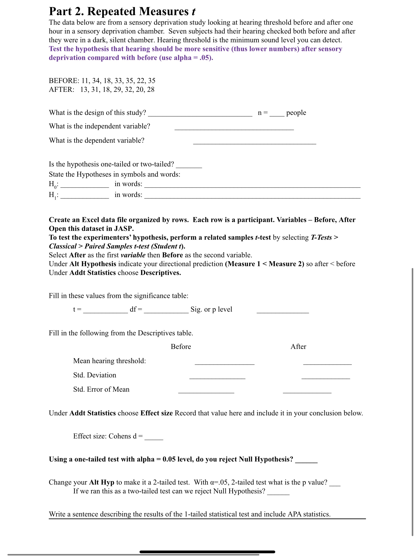 ' Part 2. Repeated Measures 1' The data below are from a