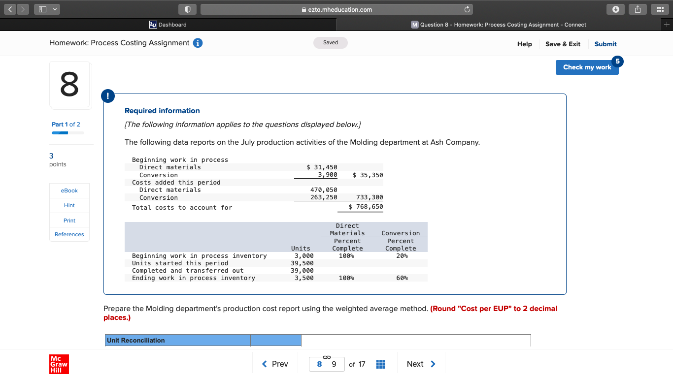  ezto.mheducation.com + Lu Dashboard M Question 8 - Homework: Process Costing