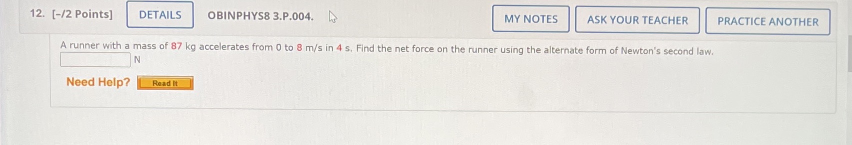  12. [-/2 Points] DETAILS OBINPHYS8 3.P.004. MY NOTES ASK YOUR TEACHER