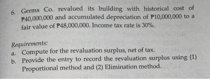  6. Germs Co. revalued its building with historical cost of P40,000,000