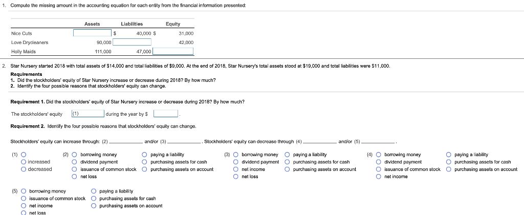 1. Compute the missing amount in the accounting equation for each