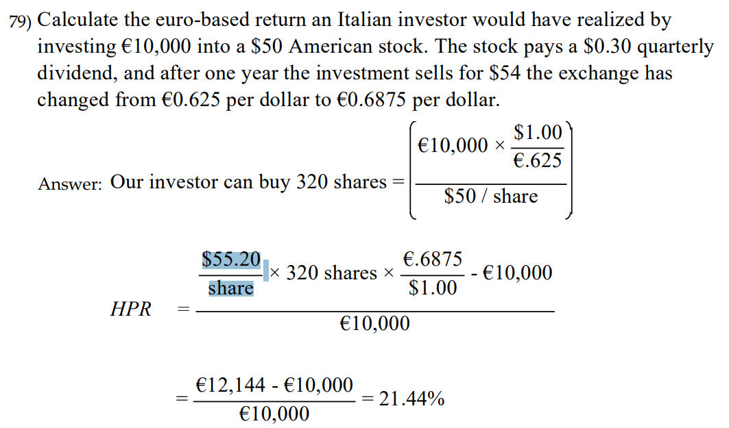 wWhere does $55.20 comes from? 79) Calculate the euro-based return an Italian