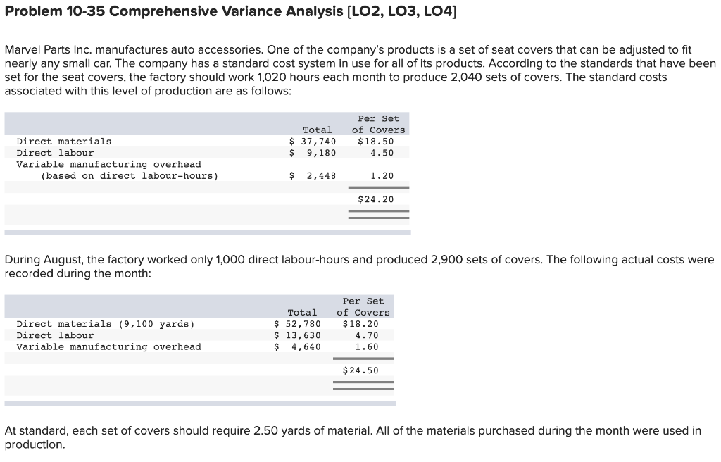  Problem 10-35 Comprehensive Variance Analysis (LO2, LO3, L04] Marvel Parts Inc.